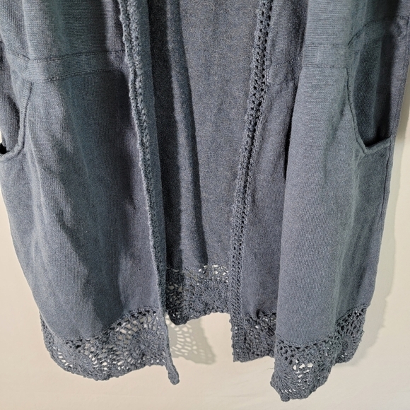 WRAP London Women's Blue Open Front Cardigan Sz 14 Linen Blend Crochet Pockets - Picture 4 of 11